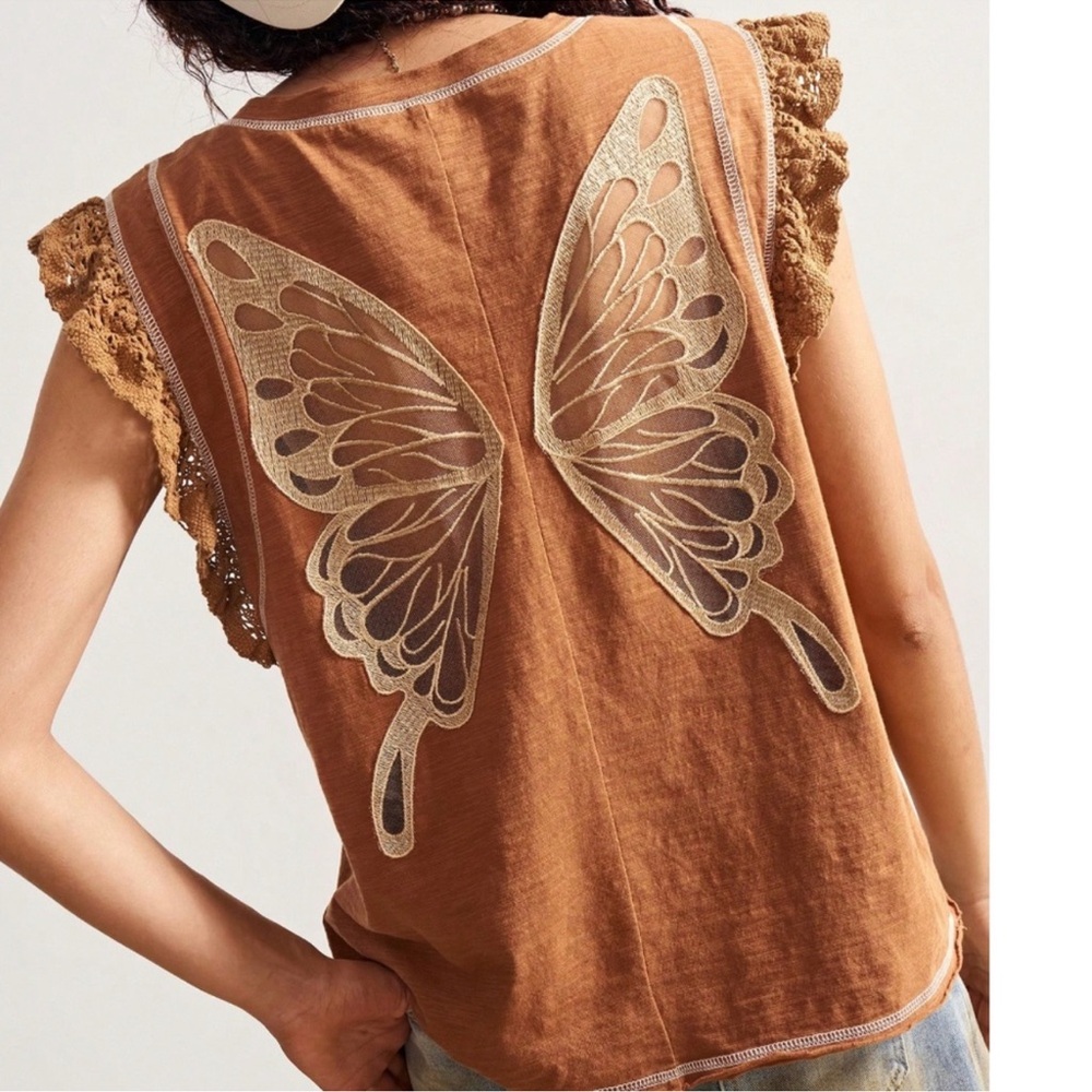 Rust Orange Lace Ruffle Cap Sleeve Top S M L XL